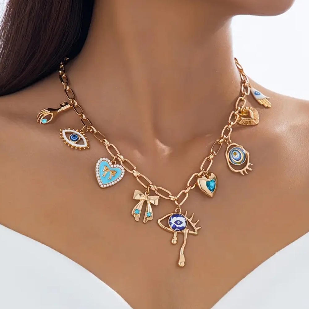 NEW Gold and Blue Charm Necklace with Astrology Pendants Handmade - Picture 1 of 7